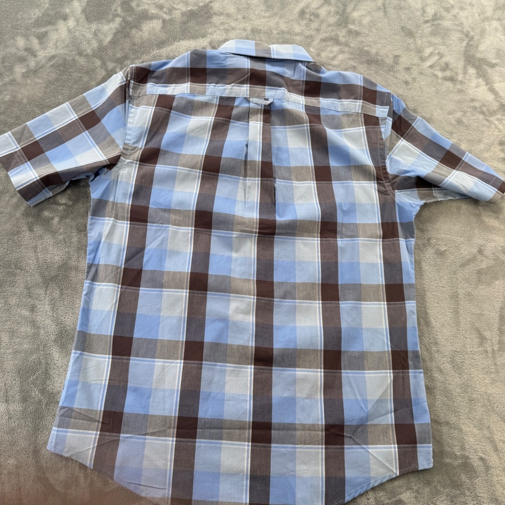 Mason James Mens Small Blue Brown Plaid Short Sleeve Stretch Button Down Shirt - Picture 3 of 9